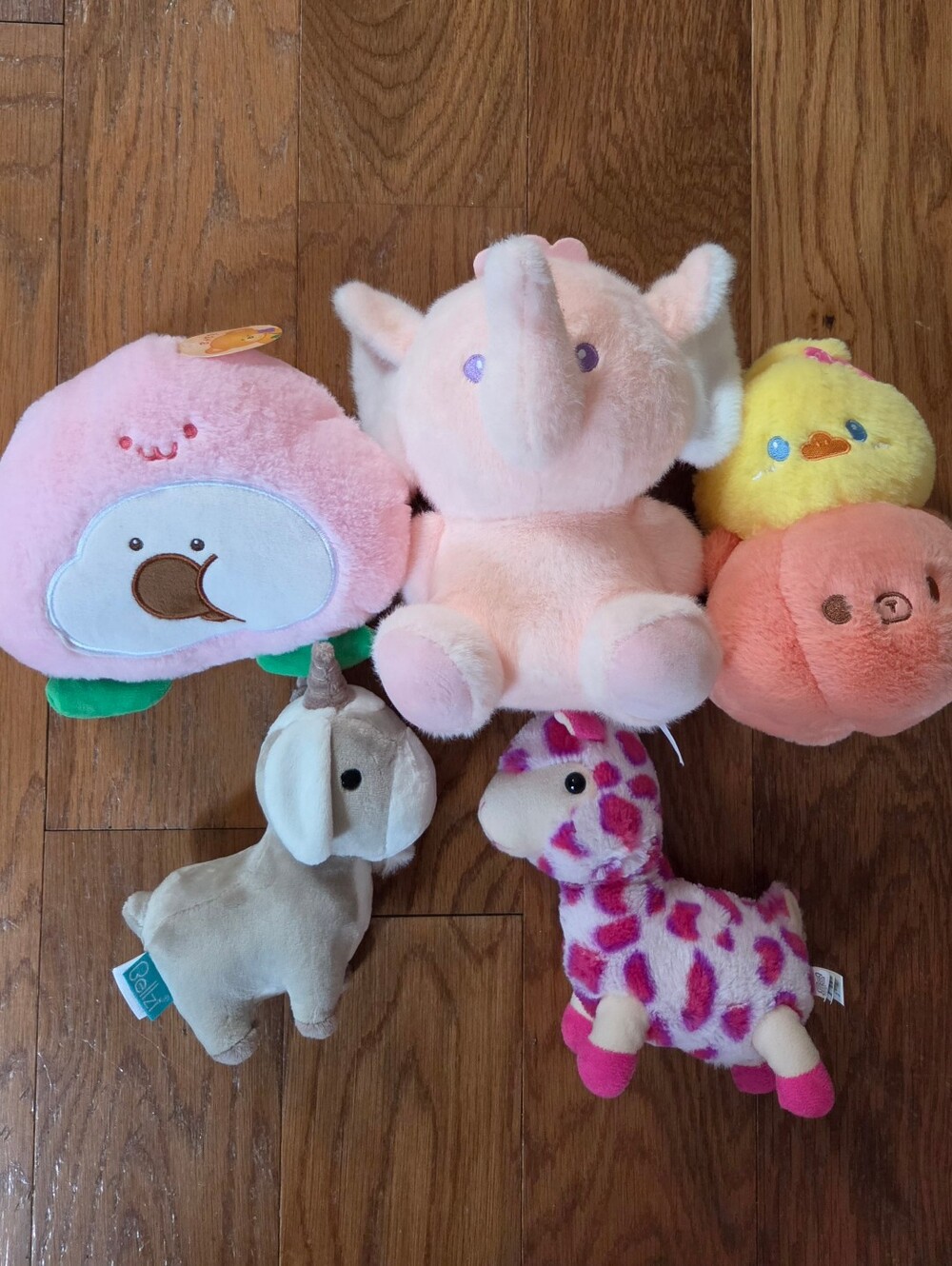 Assorted Baby Plush Animal Bundle - Pink Elephant, Peach Chick, Pink Giraffe.